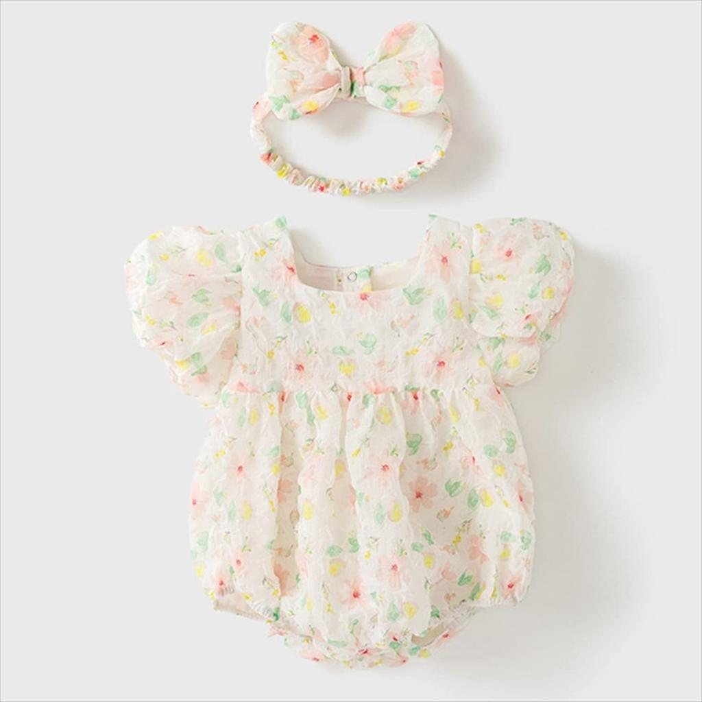 Romper Jumpsuit Bodysuit Floral Flower Baby Newborn Girl Summer Headband Set White One Size [Misia Luxury] [27165-27168]