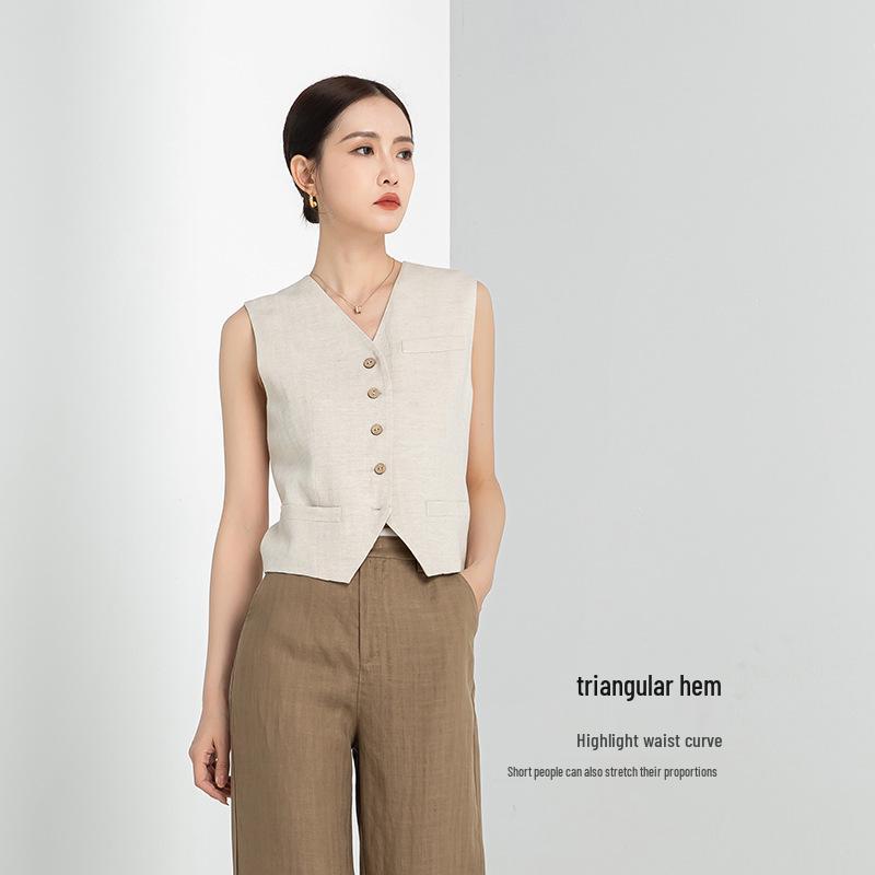 Xin Ge Retro Slimming V-Neck Tencel Linen Vest - Summer 2025 Collection