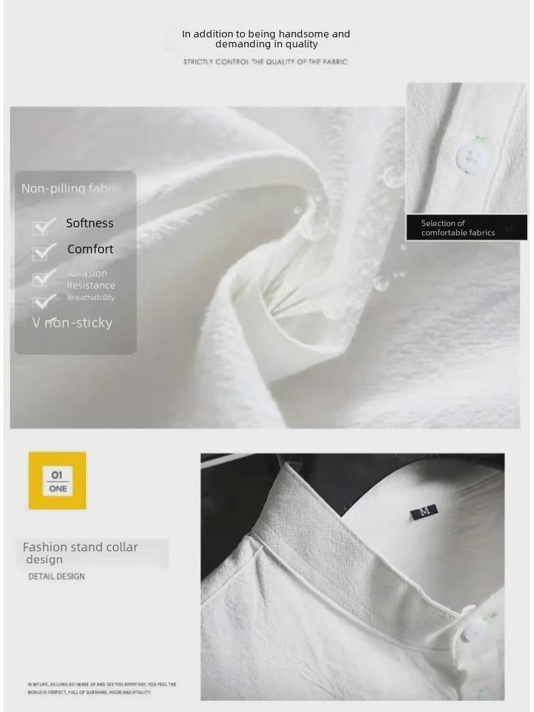 Мужская повседневная белая льняная рубашка - дышащая, свободного кроя, рукав три четверти