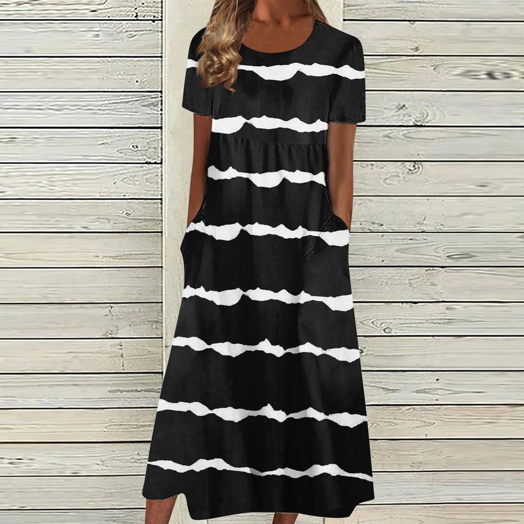 Women's Summer Casual Fashion Printed Short Sleeve Round Neck Pocket Dress