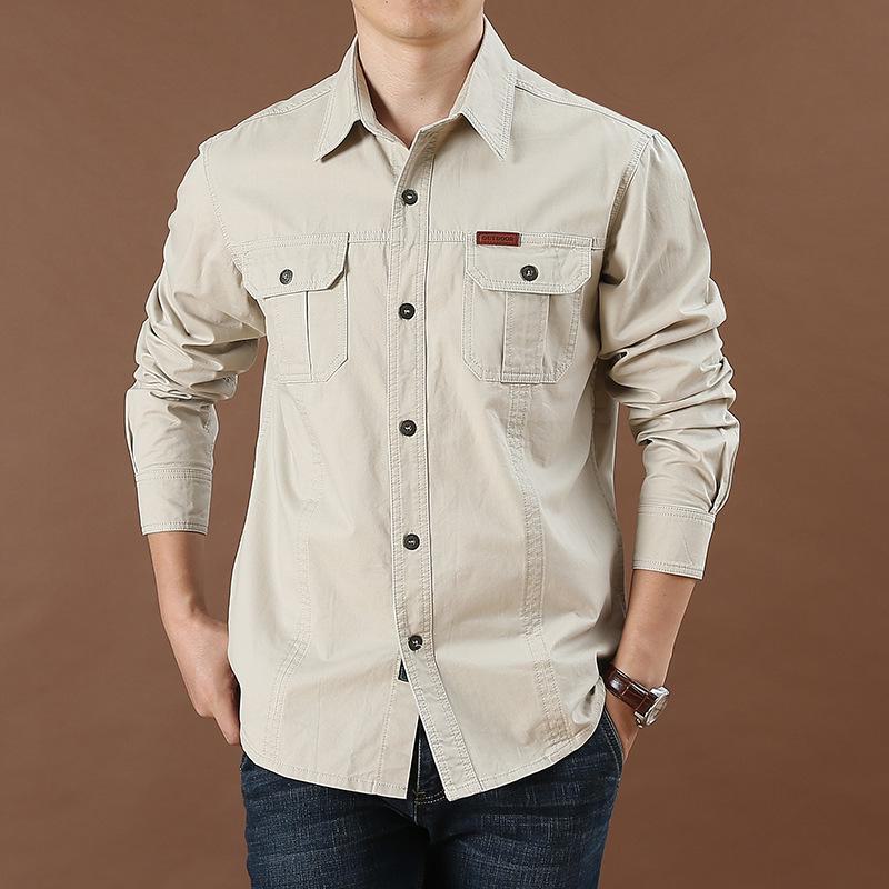 Men's Casual Loose-Fit Long-Sleeve Shirt - Solid Color, Large Size, Autumn Workwear with Pocket