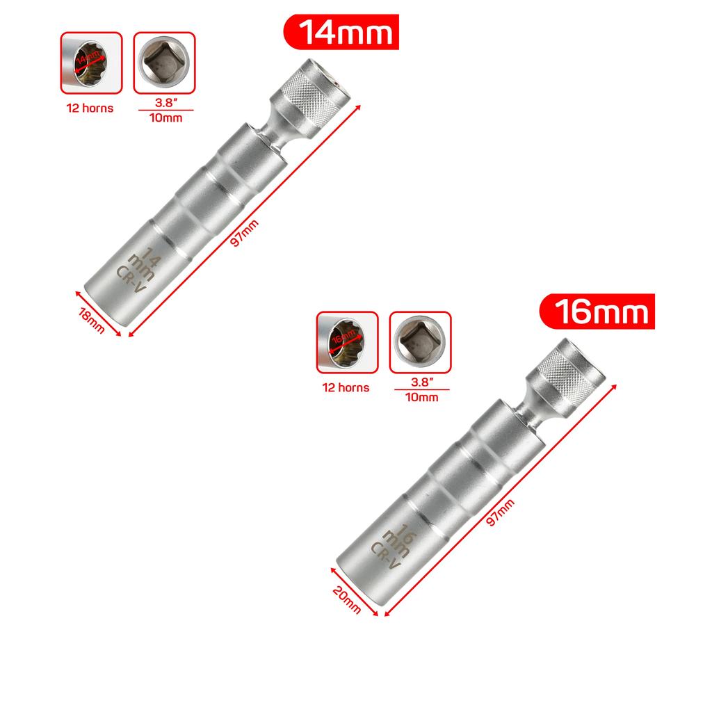 Spark Plug Socket Wrench Adapter 14mm16mm Set Universal Joint with Magnetic Flexible Socket Thin Wall 3/8" Drive Car Repair Tool