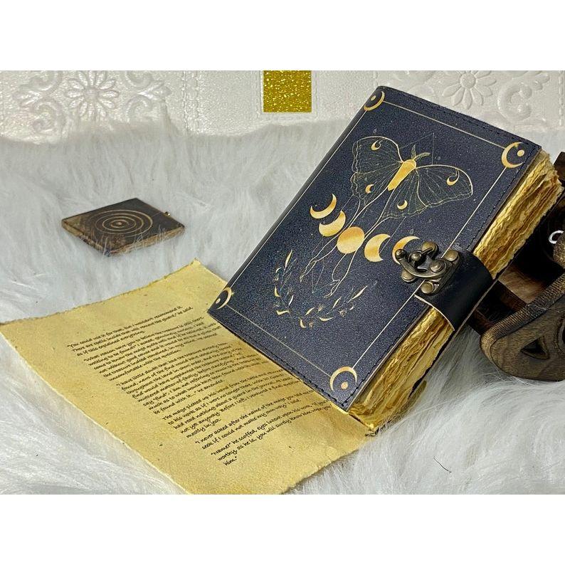 Blank Spell Book of Shadows Handmade Luna Moth Sun and Moon Vintage Journal Junk Journal Gifts for Men and Women