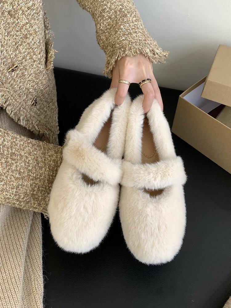 White Fluffy Shoes Women's Inner Height Increased by 5cm Plush Fluffy Shoes Women's Winter New One-word with Thick-soled Fluffy Cotton Single Shoes