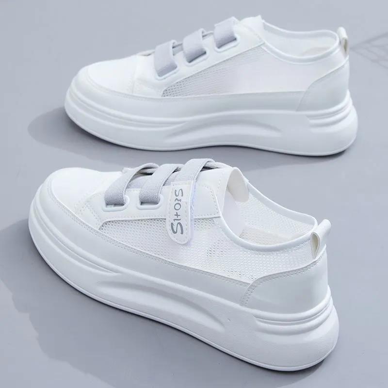 Mesh Leather Small White Shoes Women Thin Summer Hook&loop Street Fashion Shoes Women Thick-soled Sneakers