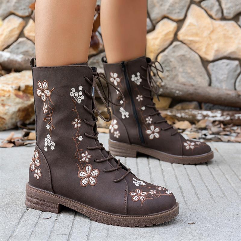 Woman Ankle Boots New Embroidery Big Size Flower Boots Women Autumn Winter Lace Up Comfortable Shoes for Women Botas De Mujer