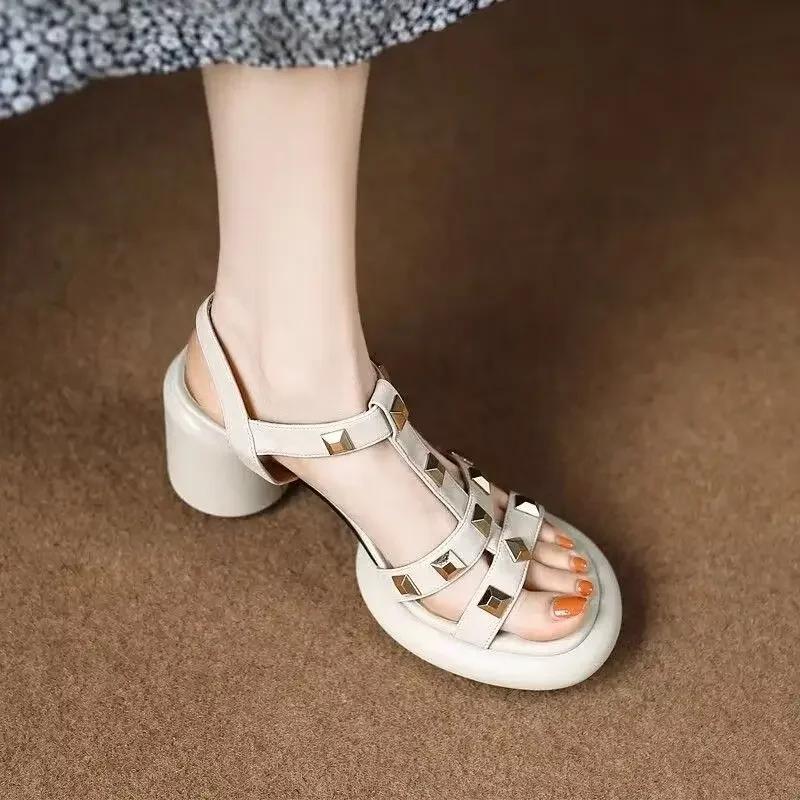 Fashion Personality Rivet Sandals Women's Shoes 2024 Summer Trend High Heels Fashion Platform Thick Heel Comfortable Buckle Beach Shoes