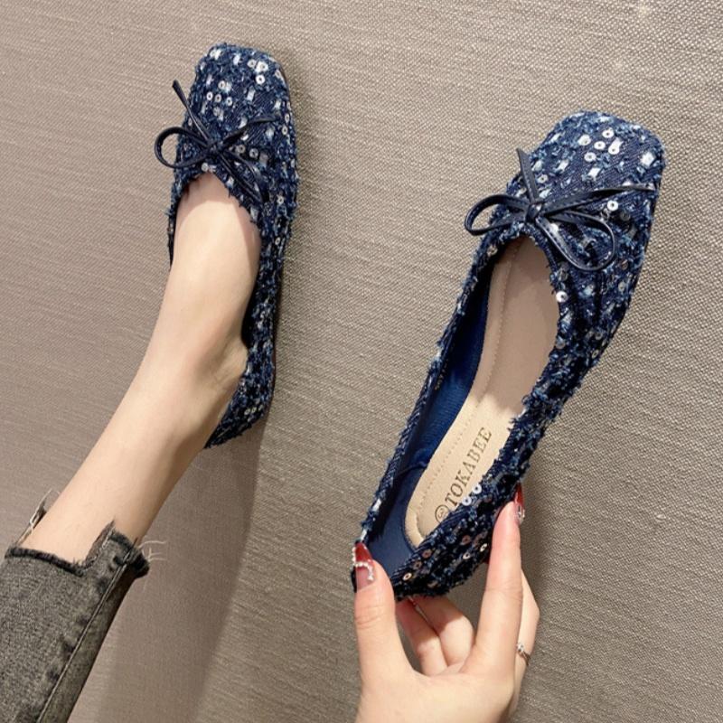 2025 Spring New French Style Flat Shoes Versatile Elegant Bow Women Flats Shallow Mouth Soft Sequin Women Shoes Mujer