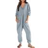 Women's Fashion Loose Casual Long Sleeve V-Neck Solid Colour Pocket Jumpsuit