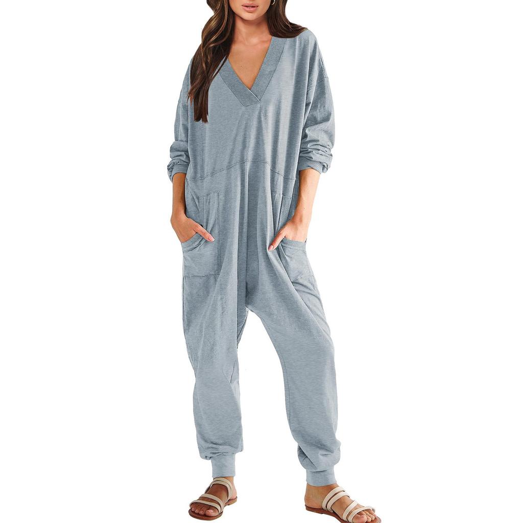 Women's Fashion Loose Casual Long Sleeve V-Neck Solid Colour Pocket Jumpsuit