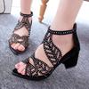 2025 New Style Women Summer Hollow Out Faux Leather Rhinestones Thick Heel Zipper Sandals Shoes Eur 35-41