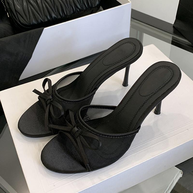 Fashion Liyke Brand Designer High Heels Slippers for Women Fashion Lace Bow Mesh Summer Sandal Female Party Dress Shoes Zapatos De Mujer