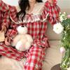 Loose Casual Couple Pajamas Sweet Lace Vintage Red Plaid Thick Nightwear Autumn Winter Princess Style Christmas Homewear