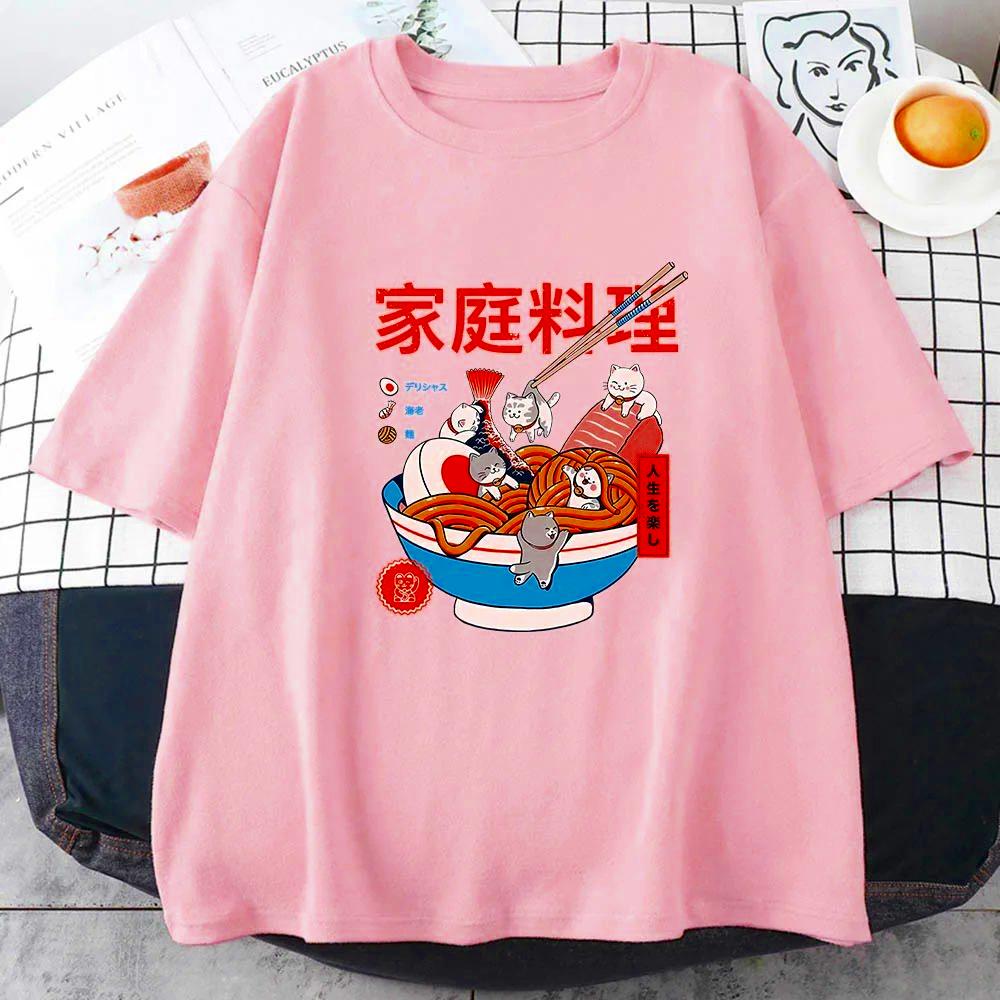 Ramen Cats Women Japanese Anime Characters T-shirts Casual T Shirts Summer Harajuku Kawaii Clothing Slight Strech