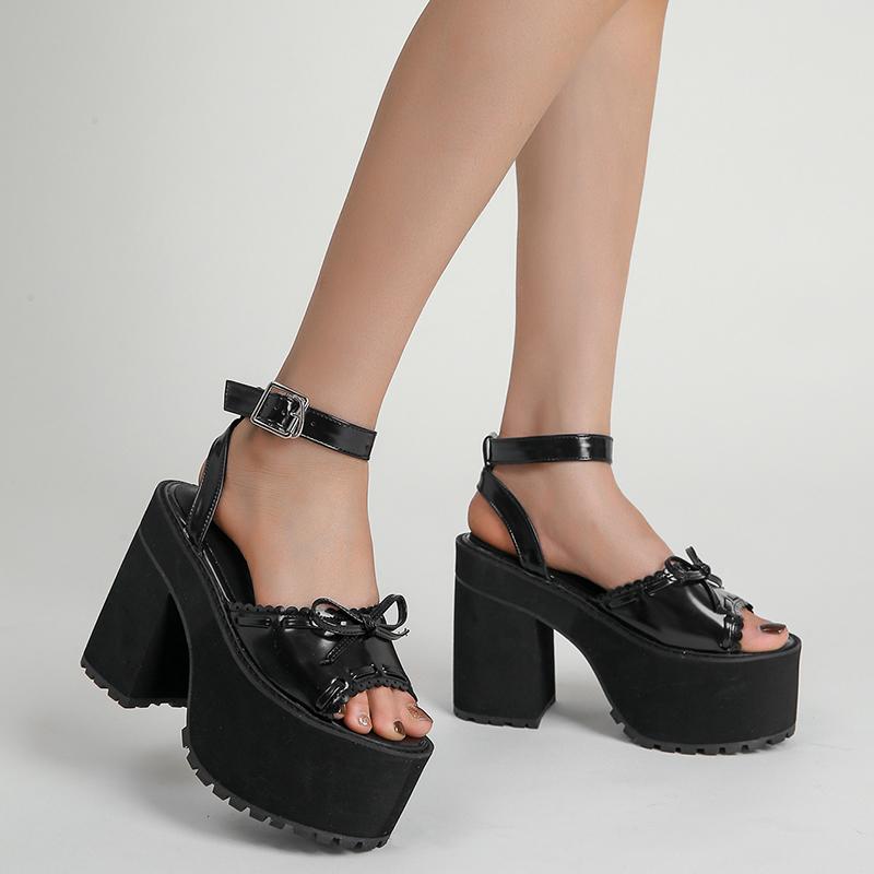 Gdgydh Platform Heels for Women Patent Leather Goth Platform Sandals Womens Chunky Heel Open Toe Ankle Strap Fashion Bowknot