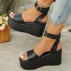 Fashion Women's Thick Sole Black Wedge Sandals Fashion Ankle Strap Chunky Platform Sandals Woman Super High Heel Summer Sandalias Mujer
