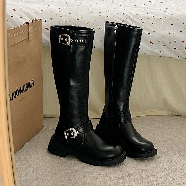 2024 Высококачественная женская обувь с боковой молнией, женские сапоги, модные современные сапоги с пряжкой на ремне, женские новые сапоги до колена с круглым носком