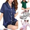 Women's Satin Pajamas Pocket Lapel Nightgown Pyjama Nightwear Short Sleeve Loungewear