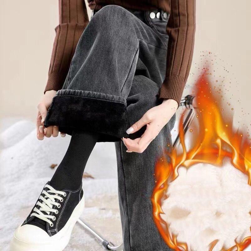 Straight Leg Plush Lined Washed Blue Zipper Button Denim Pants Winter Women's Denim Jeans