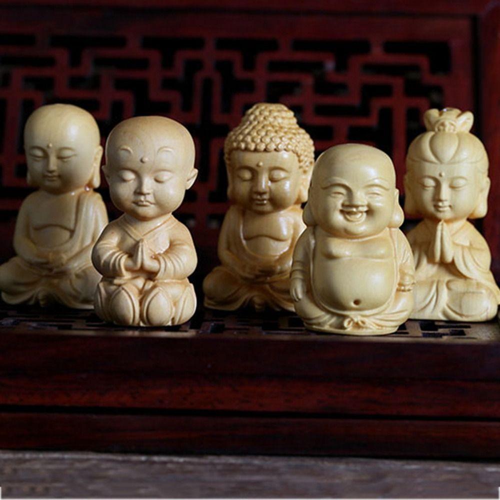 Cute Small Baby Buddha Boxwood Carved Home Decor Handicraft Key Chain Pendant Car Ornament Little Monk Figurines Buddha Statue