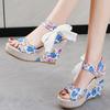 Fashion Elegant Flower Print Open Toe Sandal Women Fashion Bow Knot Super High Heel Sandals Woman Party Wedding New Wedge Sandal Female