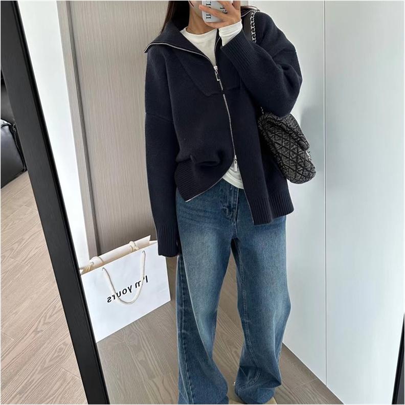 Double Zipper Lapel Thick Lazy Style Sweater Autumn and Winter Loose Large Size Solid Color Sweater Women