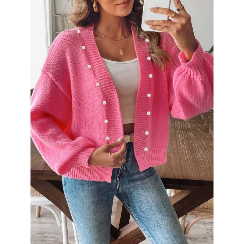 Women's Short Fall/winter Beaded Casual Loose Unbuttoned Sweater