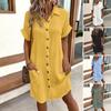 Women's Cotton Linen Dress Casual Button Down V-neck Dress with Pockets Summer Short Sleeve Beach Sundress