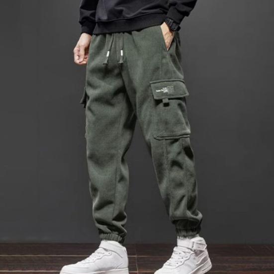 Fall Winter Men Cargo Pants Loose Drawstring Elastic Waist Plus Size Joggers Thickened