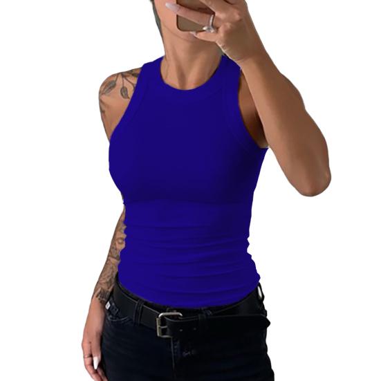 Women Vest Round Neck Sleeveless Elastic Slim Fit Tops Solid Color Sport Camisole