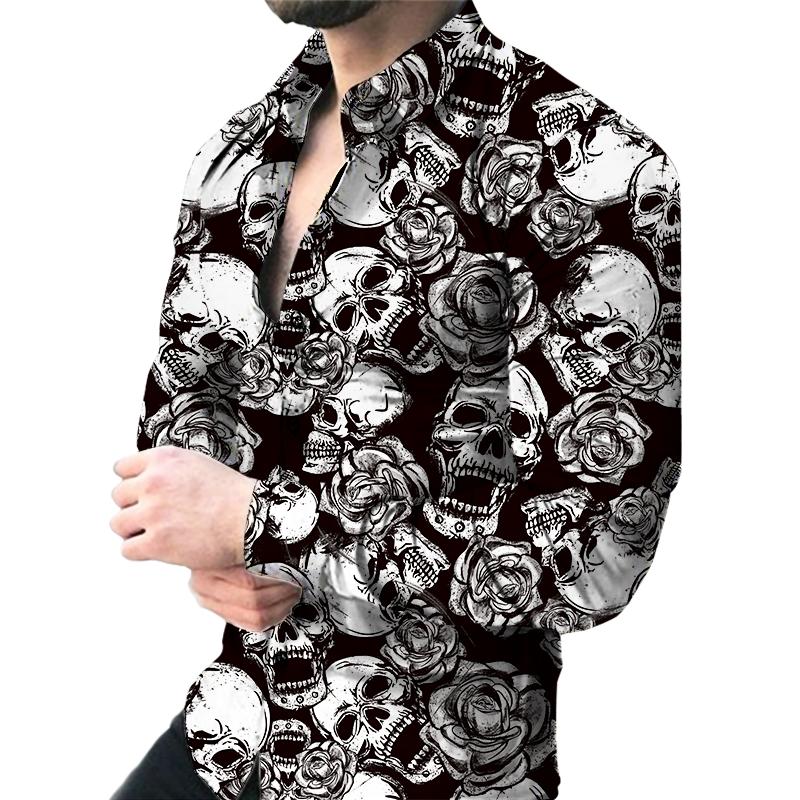 3D Skull Print Men's Long-sleeved Stretch Shirt Vacation Party Shirt
