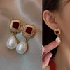 Vintage Wine Red Pearl Drop Earrings for Women Jewelry Trending New Hong Kong Style Women's Earrings Gift