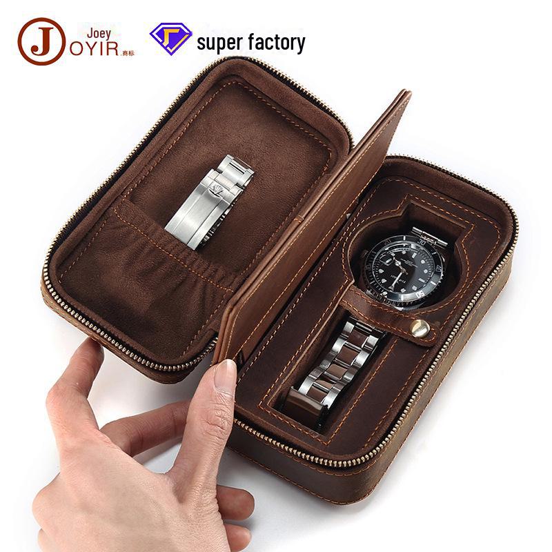 Vintage Crazy Horse Leather Travel Watch Box - Genuine Leather Zippered Storage for Single Watch