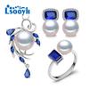 Natural Freshwater Pearl Necklace Cubic Zirconia Blue Crystal Flower Earrings Ring For Women Pearl Jewelry Sets