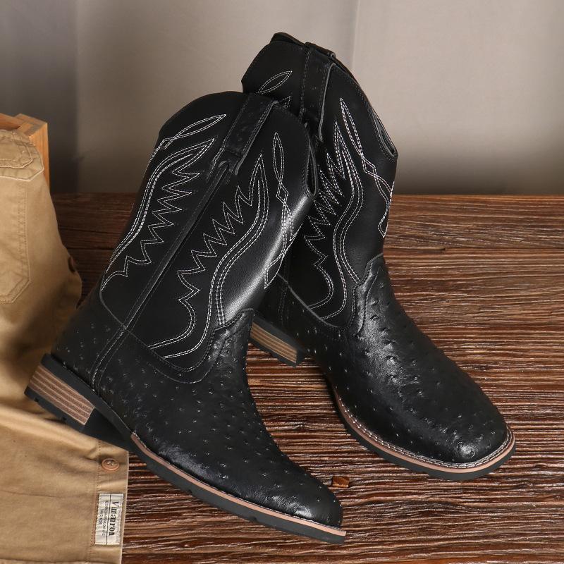 New Boots for Men Classic Embroidery Mid-Calf Leather Boots Retro Western Cowboy Boot Casual High Top Boots Men's Knight Booties