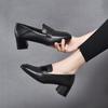Temperament Square Head Spring New Simple Thick Heel Square Buckle First Layer Cowhide Two Wear Deep Mouth Women's Single Shoes