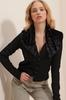 Women's Cardigan New Season Fashion Black Collar Fur Detailed Openwork Knitwear Crop Cardigan