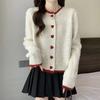 Women Sweater Coat Autumn Winter Design Color Block Heart Button Knit Cardigan Short Sleeve Top