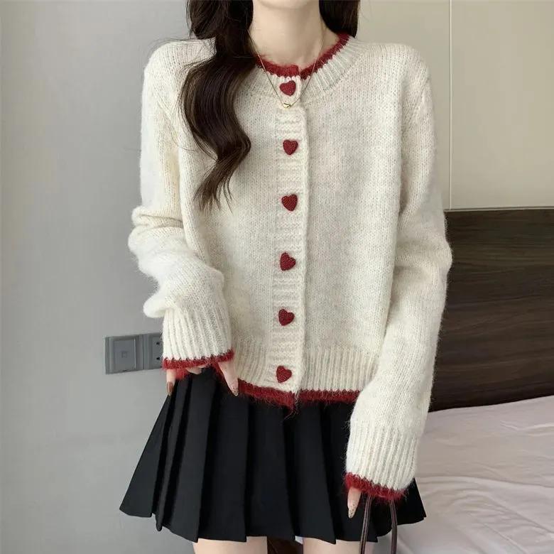 Women Sweater Coat Autumn Winter Design Color Block Heart Button Knit Cardigan Short Sleeve Top