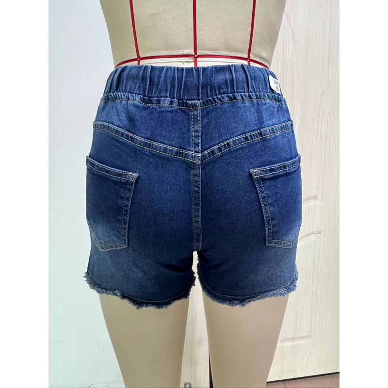 New Women's Denim Shorts Elastic Waist Stretch Jeans Ripped Slim Fit Fringe Denim Hot Pants