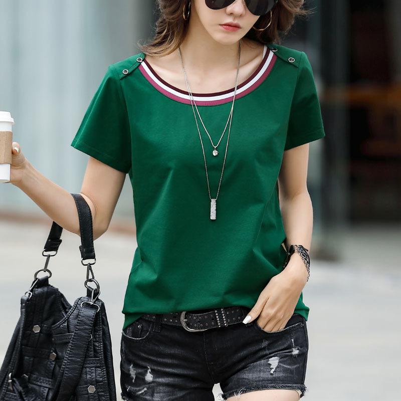 Женские летние свободные футболки, корейские женские повседневные топы с короткими рукавами и круглым вырезом, женские лоскутные тонкие футболки
