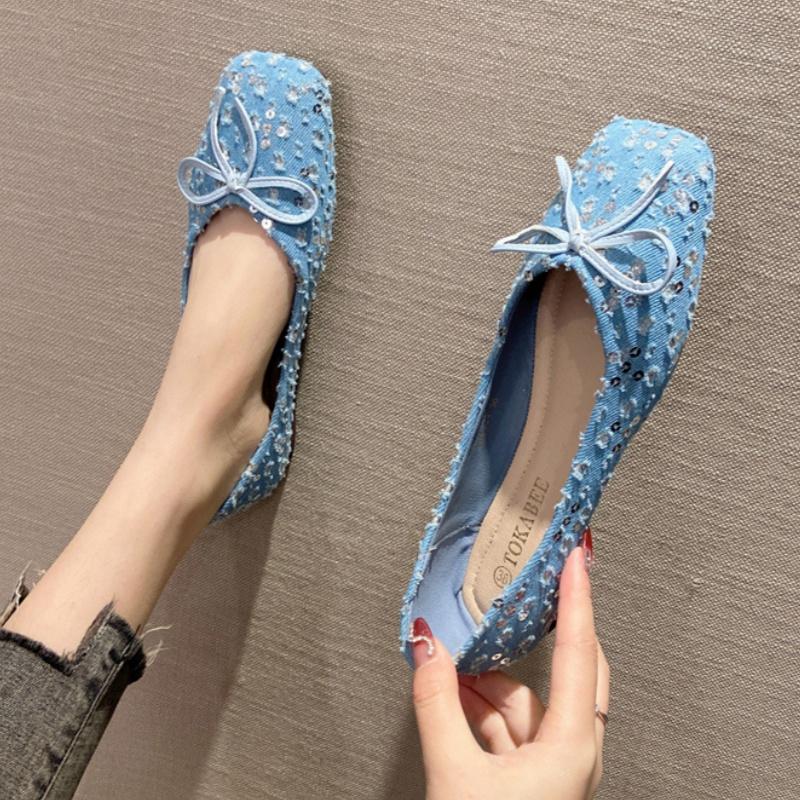 2025 Spring New French Style Flat Shoes Versatile Elegant Bow Women Flats Shallow Mouth Soft Sequin Women Shoes Mujer