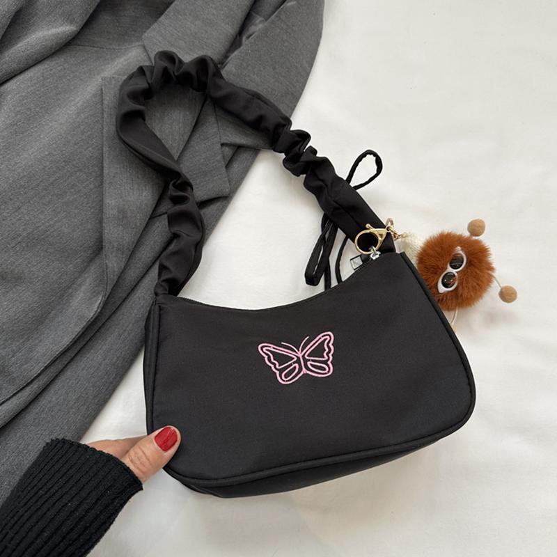 Cute Embroidered Bowknot Butterfly Shoulder Bag Women Pleated Handbag Half-moon Underarm Bag Fashion Oxford Nylon Bow Tote Bag