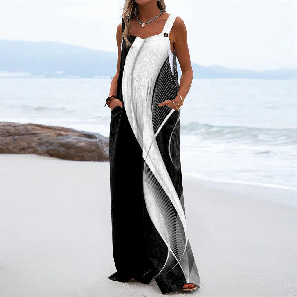 Женский модный повседневный свободный комбинезон без рукавов с карманами и принтом