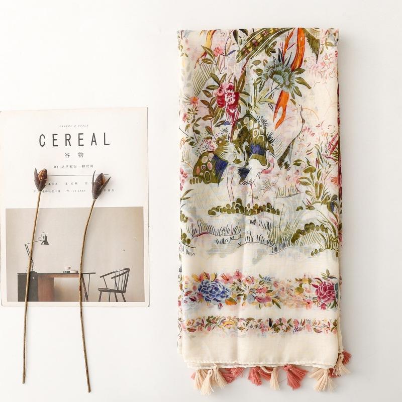 Four Seasons Available Luxury Women Viscose Scarf Designer Shawl Cotton Linen Feeling Tassel Pashmina Muslim Hijab Wrap Floral