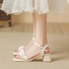 New Summer Thick-heeled Sandals for Women with One Word Belt, Soft Sole, Middle Heel, Fairy Style with Skirt High Heel.