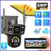 4K 8MP HD Dual Lens 4G SIM Solar Camera PTZ Auto Tracking Three Screens Outdoor Security Surveillance WIFI CCTV IP Cameras V380 APP