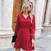 Women Spring Fall Polka Dot Print Short Dress Slim Ruffles Full Sleeve Lace Up V-Neck Empire A-line Navy Wine Red S-XL