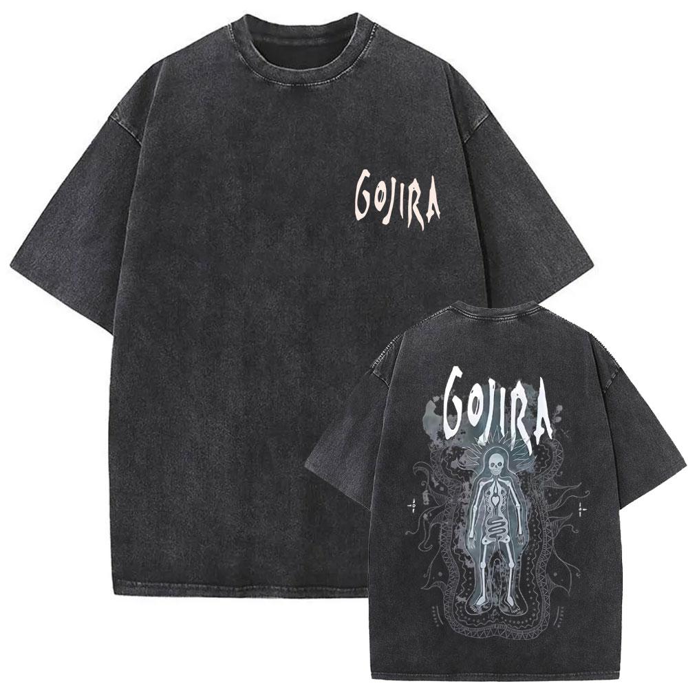 Washed Vintage Metal Rock Band Gojira Skeleton Graphic T-shirt Men Women Fashion Man Streetwear