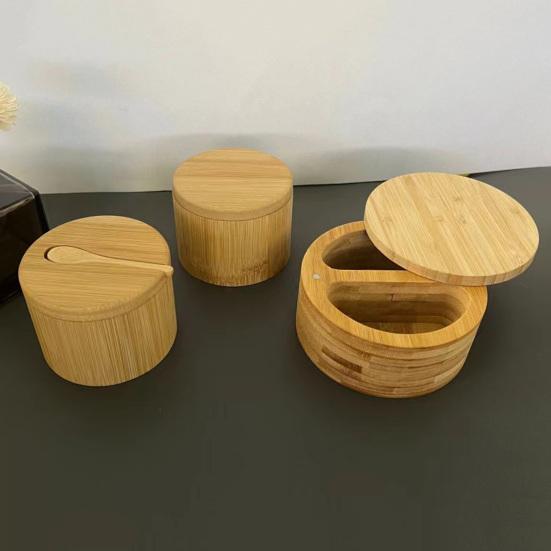 Bamboo Seasoning Storage Box with Magnetic Swivel Lid Wooden Salt Cellar Pepper Sugar Spice Holder Round Container Bowl Kitchen Gadgets